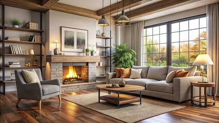 Fototapeta premium Cozy living room interior with a fireplace and comfortable furniture, cozy, living room, interior design, fireplace