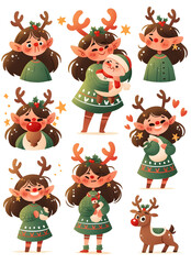 Fototapeta premium Christmas Cartoon Characters Set, a girl in reindeer outfit smiling. clipart, stickers.