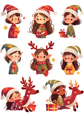 Fototapeta premium Santa Claus cartoon character set with various joyful designs, featuring boys, girls, animals, and festive patterns, ideal for Christmas illustrations