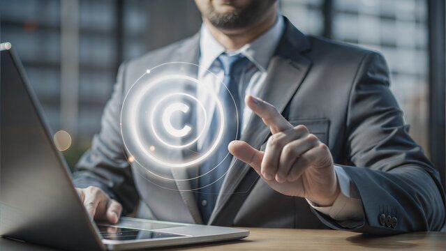 Copyright protection concept. Registration or registration for trademark. Businessman with Register trademark and logo on virtual screen.