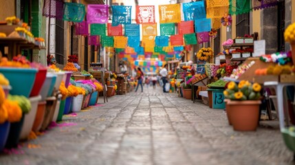 Naklejka premium Dia De Los Muertos colorful market, vibrant street stalls, traditional Mexican crafts, festive decorations, local vendors, rich textures, watercolor style, high detail