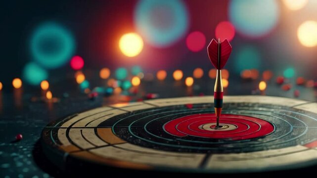 Businessman aims arrow at a virtual target dartboard, precision in setting objectives for business investments visualizes strategic approach to achieving goals and hitting targets in business.