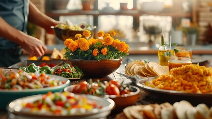 Fototapeta premium Dia De Los Muertos festive table, adorned with vibrant marigold flowers, traditional Mexican dishes, colorful decorations, rich textures, photorealistic style, high resolution