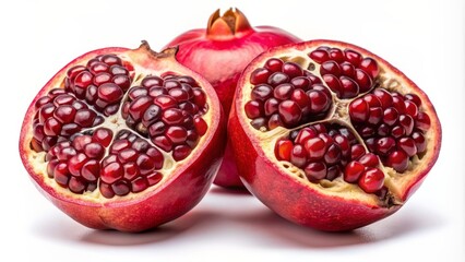 Vibrant red pomegranate halves bursting with juicy arils against a clean white background, perfectly lit for optimal visual appeal.