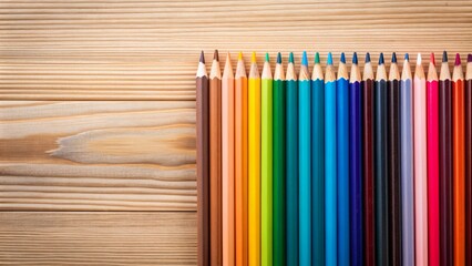 Obraz premium A solitary, precisely arranged, contrasting colored pencil and pen set lies horizontally on a plain, neutral toned, wooden background surface.