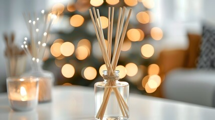 Handmade reed freshener on white table in living room, close up.