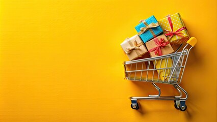 Colorful presents surrounding a shopping cart on a yellow background, shopping cart, presents, colorful, gifts