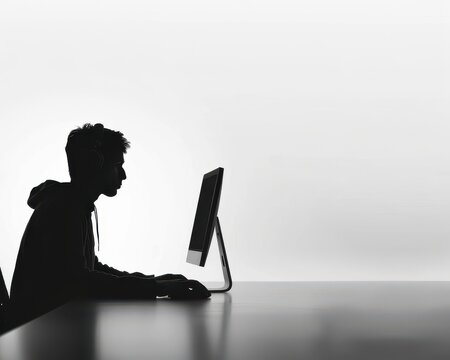 Young man coding on computer, software development, 3D render, monochrome, isolated on white background