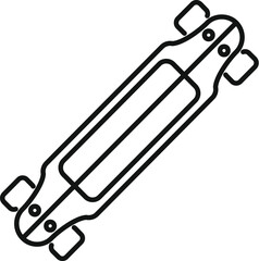 Line drawing of a longboard deck showing the underside and wheels