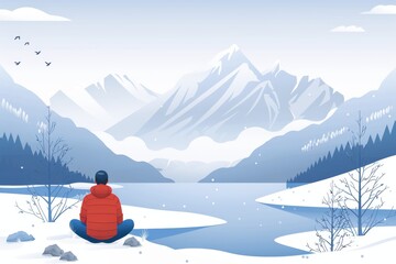 Person sitting by a lake with mountains in the background, symbolizing solitude, contemplation, and natural beauty.