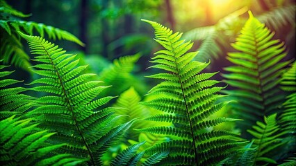 Close-up of vibrant green fern leaves in a lush forest setting, nature, foliage, plants, green, vibrant, lush, environment