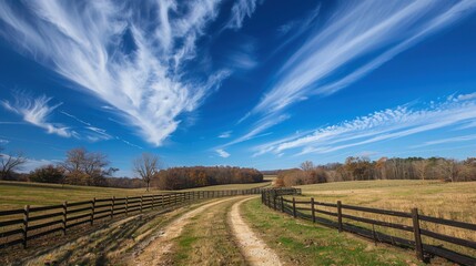 Rural Road Background: Serene country road winding through fields and forests, bordered by a rustic wooden fence under a clear blue sky with scattered clouds.
