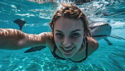 A woman smiling and underwater with fish in the background.