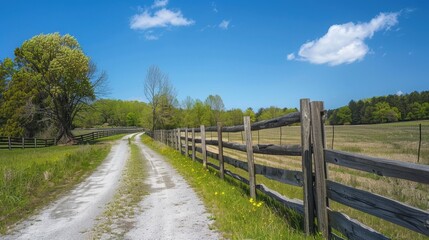 Fototapeta premium Rural Road Background: A serene country path meanders through fields and forests, bordered by a rustic wooden fence, under a clear blue sky with scattered clouds. 