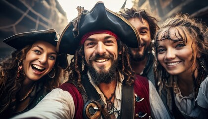 Naklejka premium Selfie of A happy group with a pirate wearing an eyeglasses and a pirate woman wearing earrings in the background of his photo.