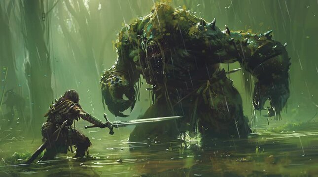 Knight with a sword bravely facing a giant monster in a dark, eerie swamp, creating a dramatic and fantastical confrontation.
 Seamless looping 4k time-lapse virtual video animation Generated AI