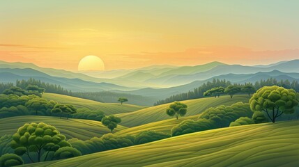 Fototapeta premium Sunrise Over Hills Illustration Background: Serene sunrise over rolling hills, bathed in warm golden light, casting long shadows in the landscape. 