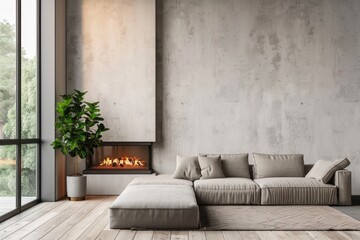 Modern living room interior with couch and fireplace, window. Mockup empty wall --ar 3:2 Job ID: 5303aaa9-1c5f-4ea4-8409-2eb8a8f21e30