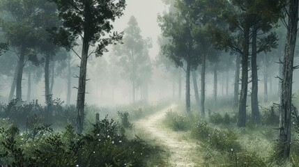 Obraz premium Foggy Forest Illustration Background: Veiled forest in thick fog, tall trees, and a path vanishing into the mist, creating an enigmatic and serene ambiance. 