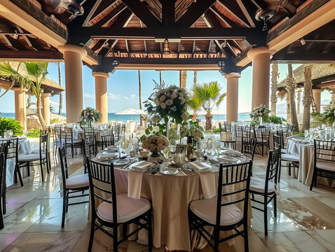 Beautiful restaurant wedding event venue, outdoors and tropical location under palapa style roof