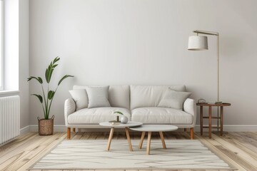 Modern Living Room Interior With Radiator On Blank Wall, Sofa, Coffee Table And Floor Lamp 