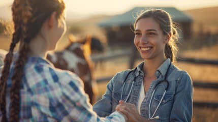 A young woman in a denim jacket and stethoscope examines a horse in a rural field, with a second woman looking on