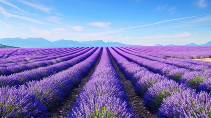 Lavender Field Background: A picturesque vista of vibrant lavender fields stretching to the horizon under a clear blue sky.
