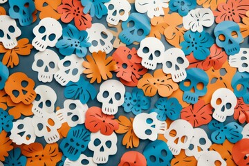 Fototapeta premium Dia De Los Muertos paper decorations, vibrant papel picado with intricate cutout designs, colorful banners, festive atmosphere, photorealistic style, high resolution