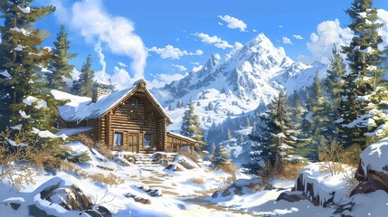 Mountain Cabin Illustration Background: A snug cabin nestled in snowy woods, chimney puffing smoke under a serene blue sky with snow-covered branches.
