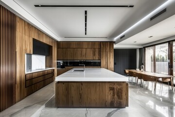 Modern minimalist kitchen with long island 