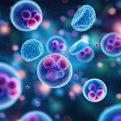 Abstract 3D illustration of colorful cells floating in a dark blue background.  Perfect for science, medicine or technology concepts.