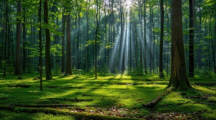 Fototapeta premium Sunlit Forest Background: Tranquil woods bathed in sunlight, dappling the forest floor with patches of light and illuminating lush green foliage. 