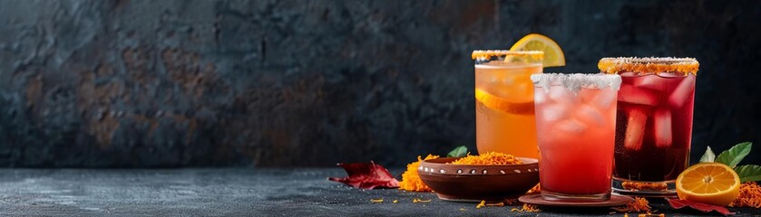 Drink offerings for Dia De Los Muertos, traditional beverages in decorated bowls, marigold accents, festive setting, vintage style, high detail