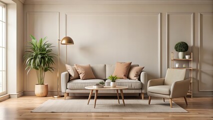 Cozy beige room interior with a chair and sofa, room, interior, beige, chair, sofa, cozy, home, comfortable, modern