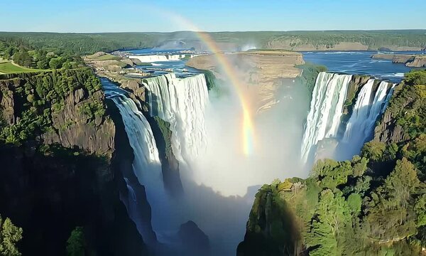Aerial Drone View Of Victoria Falls And Its Rainbows, In Between Zambia And Zimbabwe