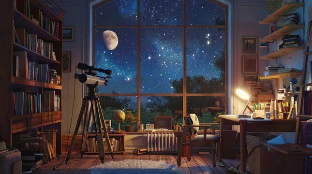 Room with a large window and telescope, offering a view of a starry sky, creating an inspiring and contemplative space.
 Seamless looping 4k time-lapse virtual video animation Generated AI
