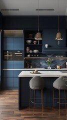 Modern style kitchen interior design with dark blue wall