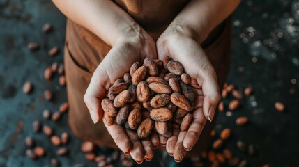 Close-up of hands holding a pile of raw cacao beans, the essence of chocolate, against a dark background