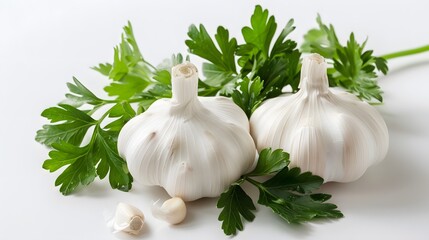 Garlic with leaves of parsley isolated on white. 