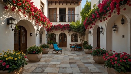 Fototapeta premium A peaceful courtyard adorned with cascades of vibrant bougainvillea ai_generated