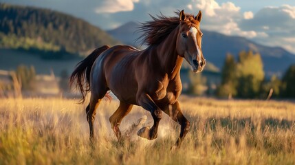 A horse running freely in a meadow, displaying strength and beauty.