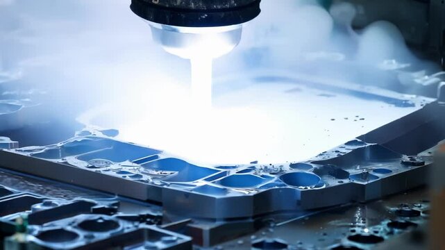 Closeup of a machine injecting molten silicon into a mold the first step in creating the solar cells used in the panels.