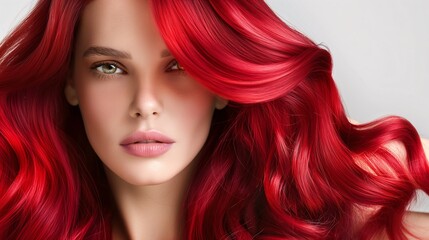 Cherry cola hair with vibrant, rich red hues, styled in voluminous curls to create a dramatic.