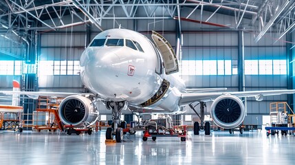 Professionals conducting thorough inspections on a plane in a hangar.