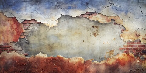 Distressed, worn, and torn grunge background with rough, peeling paint and exposed brick, featuring ample copy space for text or image overlays.