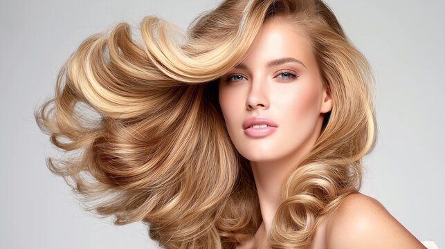 Full blowout with maximum volume, styled with loose, cascading curls for a glamorous.