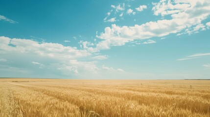 A vast field of golden wheat stretches out under a bright blue sky with puffy white clouds scattered across the horizon