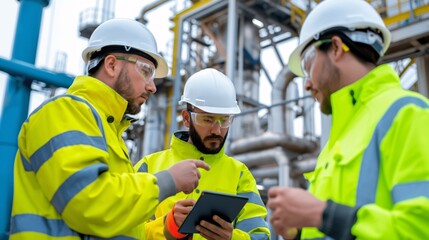 Three engineers in safety gear consult a tablet.