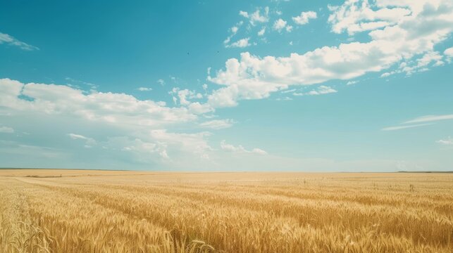 A vast field of golden wheat stretches out under a bright blue sky with puffy white clouds scattered across the horizon