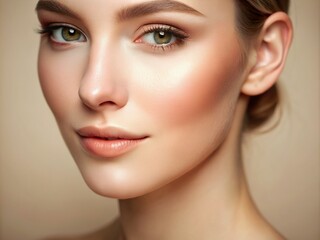 Fototapeta premium Close-up of a soft, smooth, gentle cheek crease dimple on a warm beige background, illuminated by soft natural light, evoking a sense of innocence and charm.
